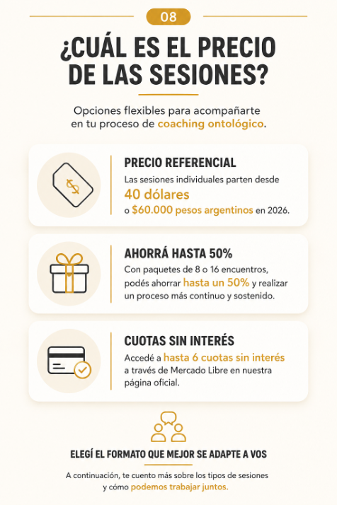 Infografía de Darío Varona sobre precios de sesiones de coaching ontológico, paquetes con descuento y cuotas sin interés.