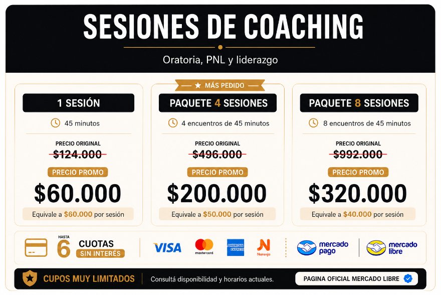 Precios de sesiones de coaching 1 a 1 en comunicación, oratoria, PNL y liderazgo.